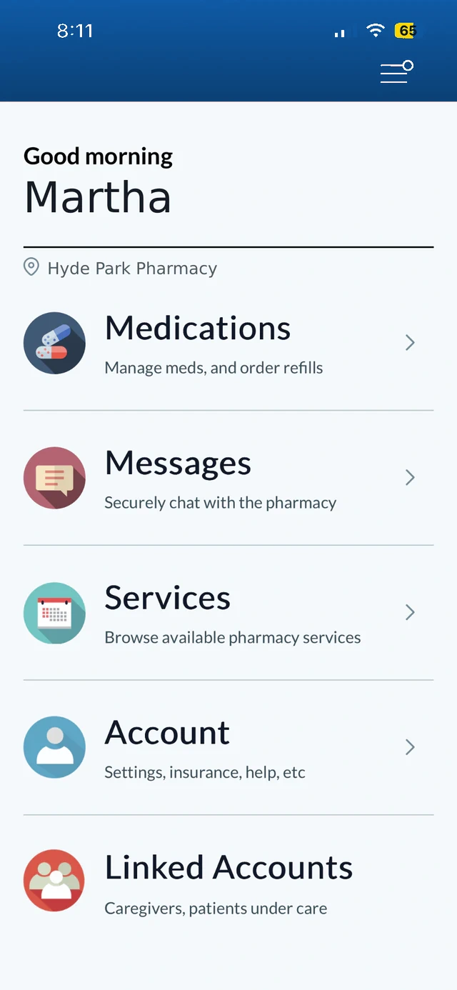 Kemp Family Pharmacy patient portal home screen with medications, messages, services, account, and linked accounts