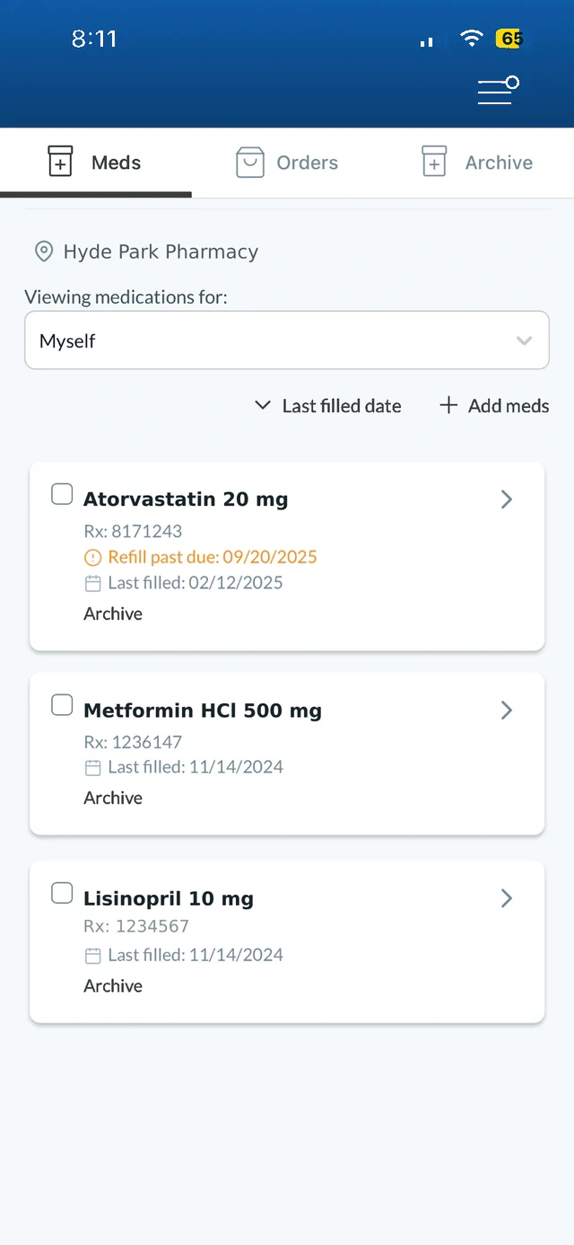 Kemp Family Pharmacy patient portal refills screen with Atorvastatin, Metformin, and Lisinopril