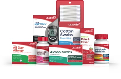 Selection of LEADER brand health products, vitamins, and first-aid supplies